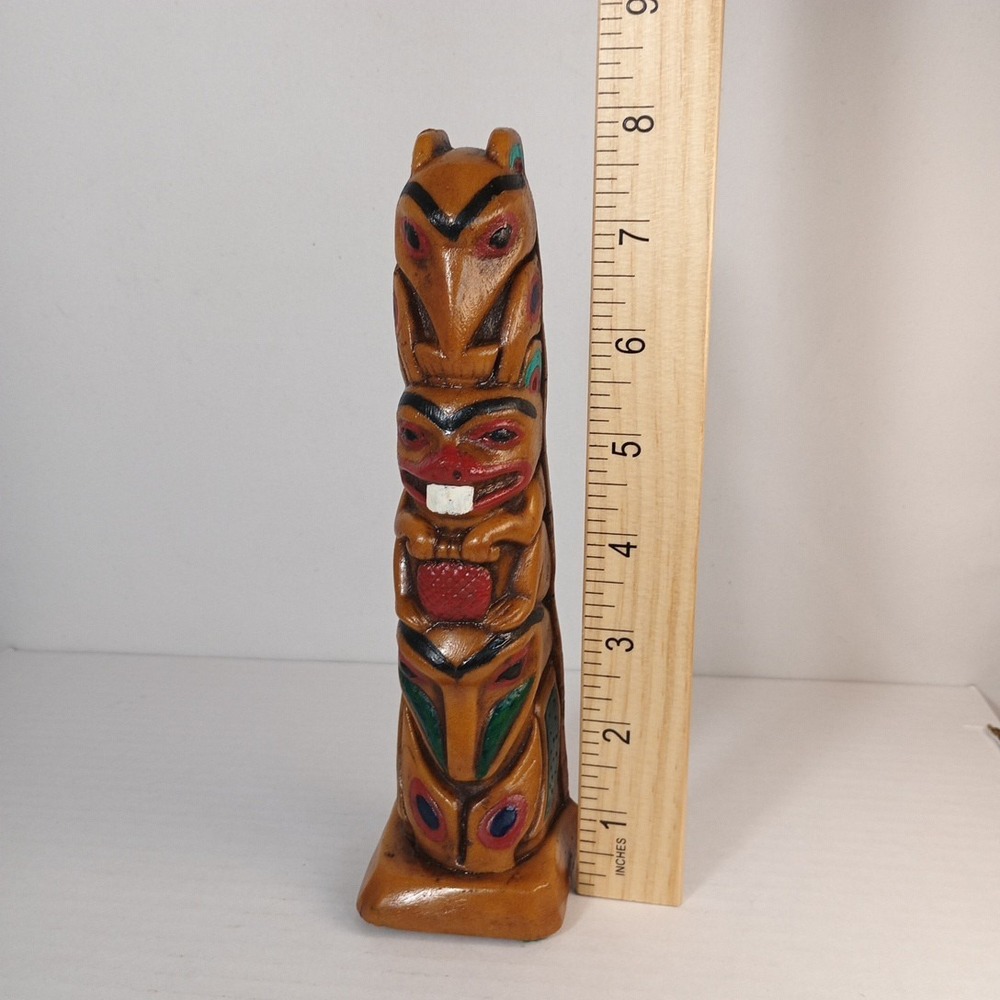 VTG Raven Alaskan Hand Painted Wood Carved Eagle Beaver & Bear Totem Pole 1985 - Picture 8 of 8